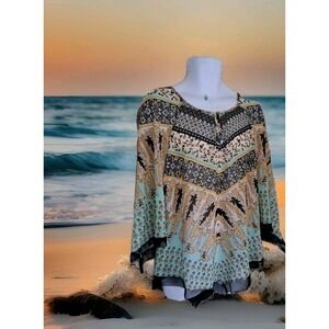Unique Spectrum Sheer Top‎ 3X Multicolor Popover Handkerchief Hem Keyhole Boho